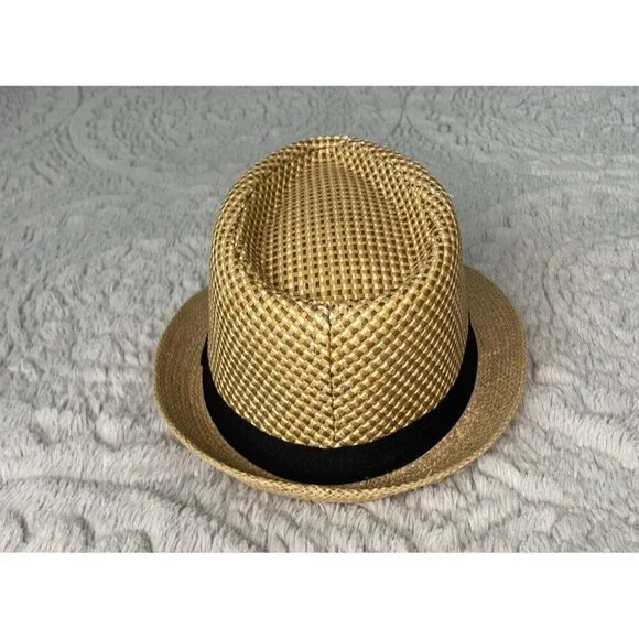 Straw Tan Fedora Hat with Black Ribbon Band 7/14 - Picture 3 of 4